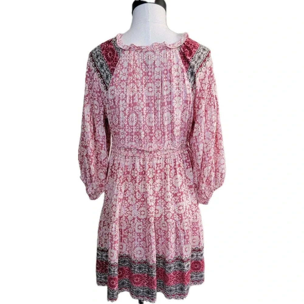 Angie Mini Dress Womens Medium Pink Floral Medallion Smocked Waist Boho Cowgirl